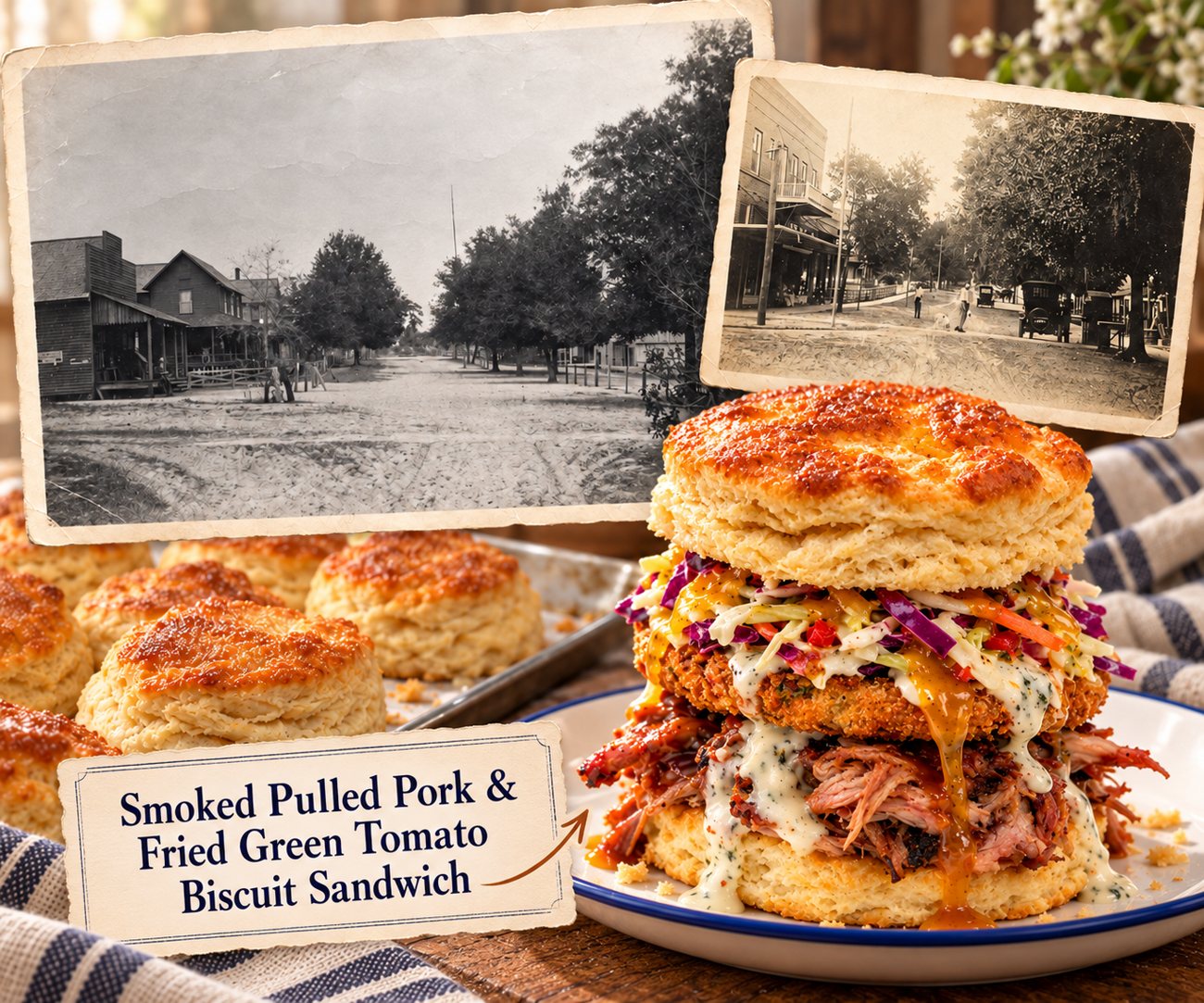 Old Clermont street photographs behind a Smoked Pulled Pork and Fried Green Tomato biscuit sandwich